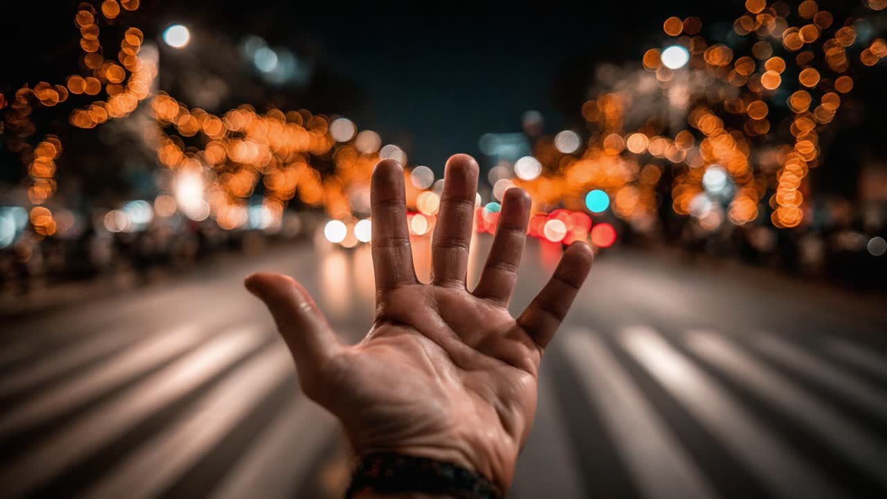 A Captivating Night Scene Featuring an Outstretched Hand Illuminated by Dazzling Holiday Lights on a Bustling Street with a Dynamic Atmosphere