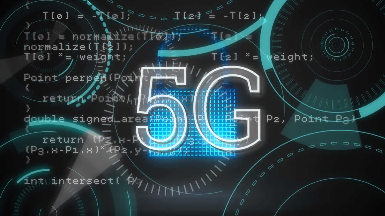icone digitali dietro 5g scritte nel mezzo di circoli futuristici e codici di programma