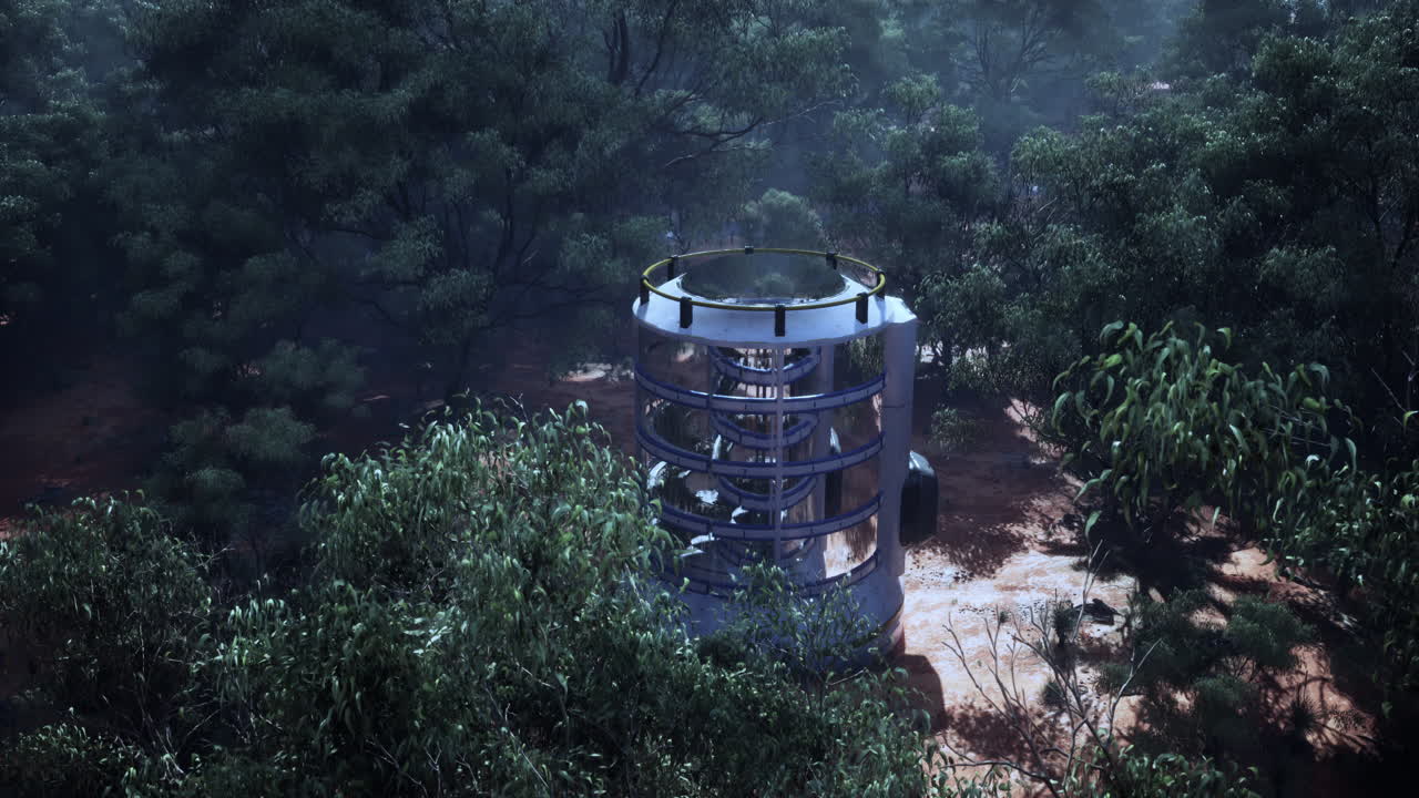 una torre espiral futurista en un bosque