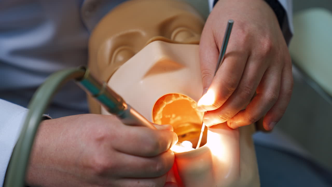Practicing dentistry on a dummy. Hands of student hold the medical tools. Close up.