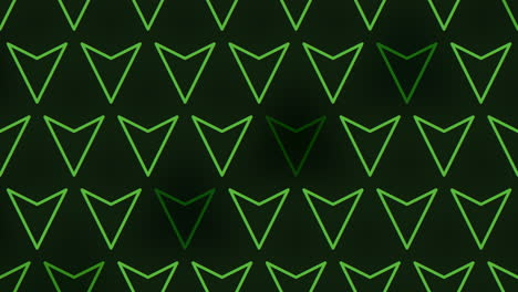 symmetrical triangular pattern of green arrows on black background