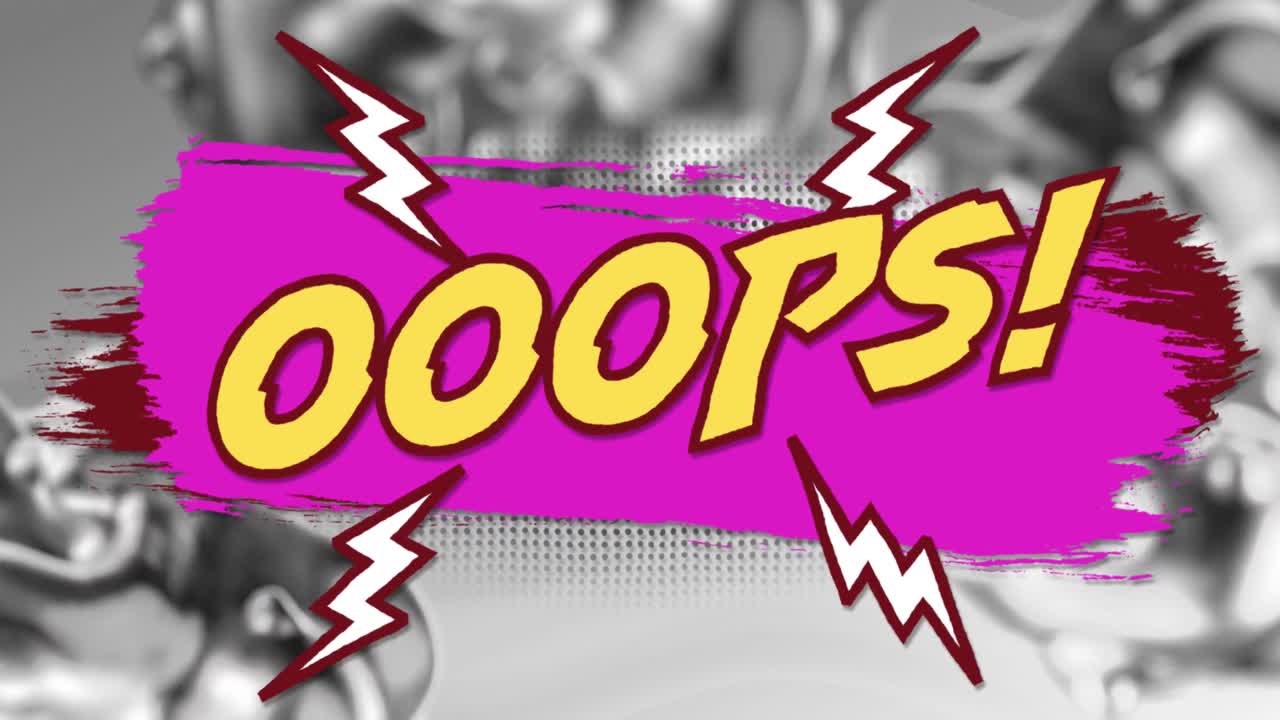 animación de texto retro oops en letras amarillas sobre trazo de pintura rosa en el fondo