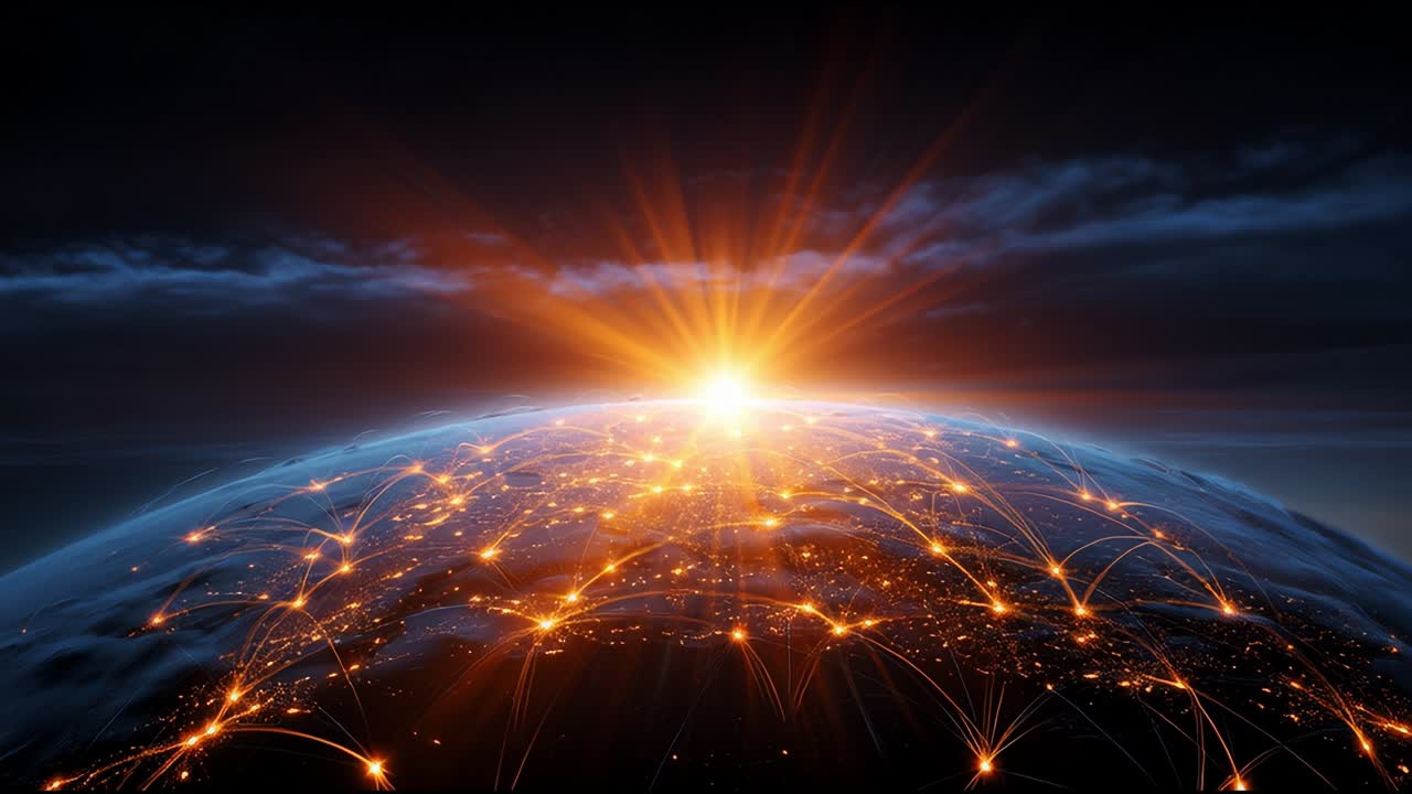 A breathtaking view of Earth from space at sunrise, showcasing the vibrant interconnectedness of humanity through glowing networks of light, symbolizing global communication and technological advancement