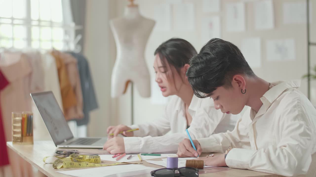 Two Fashion Designers Working With Laptop And Sketching At Fashion Design Studio