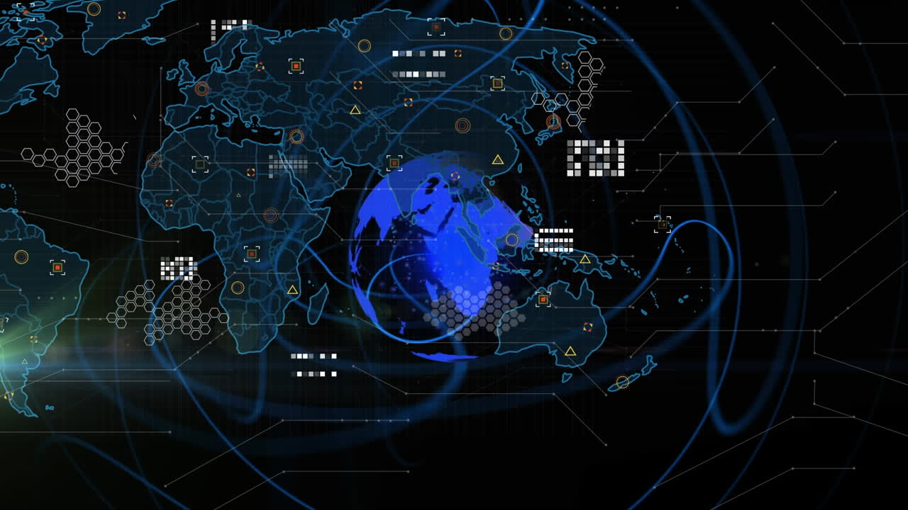 Animation of spiral pattern over map, globe, circuit board pattern, lens flares on black background