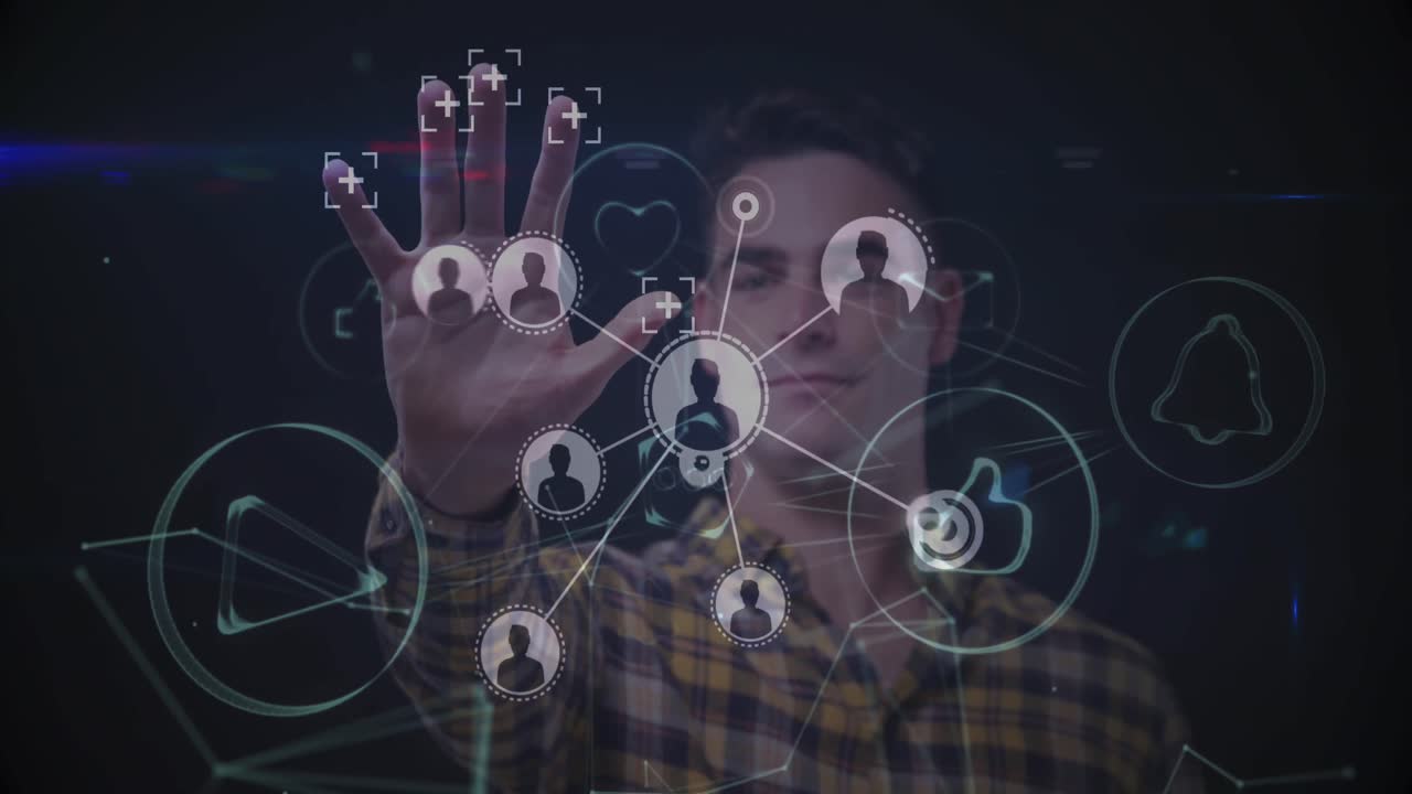 Animation of man touching biometric screen with network of digital people's icons