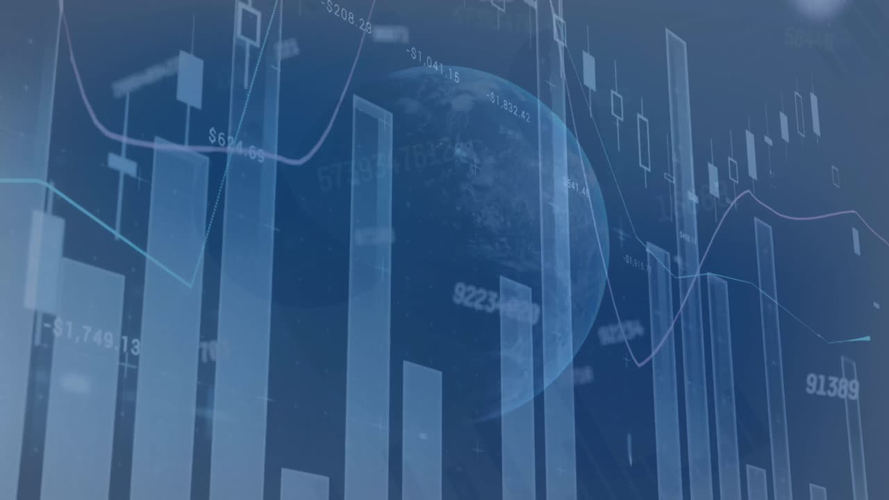 Animation of changing numbers over statistical data processing against globe on blue background