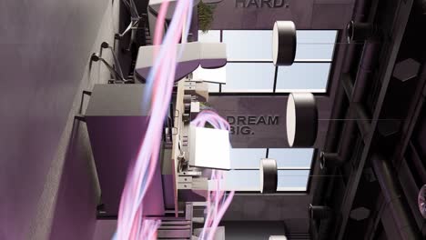 representación de animación 3d oficina moderna con portátil y escritorio reunión con clientes y colegas vertical