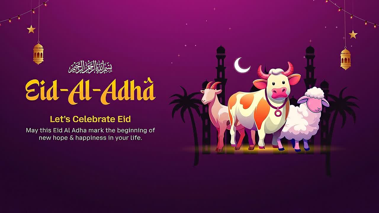 Banner animato per la celebrazione dell'Eid al-Adha con animali, moschea, luna crescente, lanterne e tipografia festiva vivace