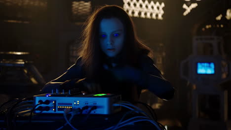 person with glowing blue eyes operating advanced technology