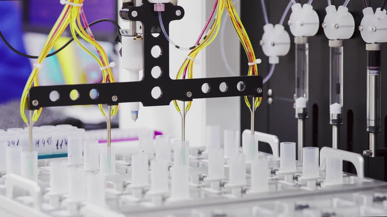 의료 장비의 클로즈업, 현미경으로 볼 수 있도록 세포를 칠하는 것