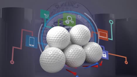 Animación-De-Pelotas-De-Golf-Sobre-Iconos-De-Medios-Y-Globo-Terráqueo