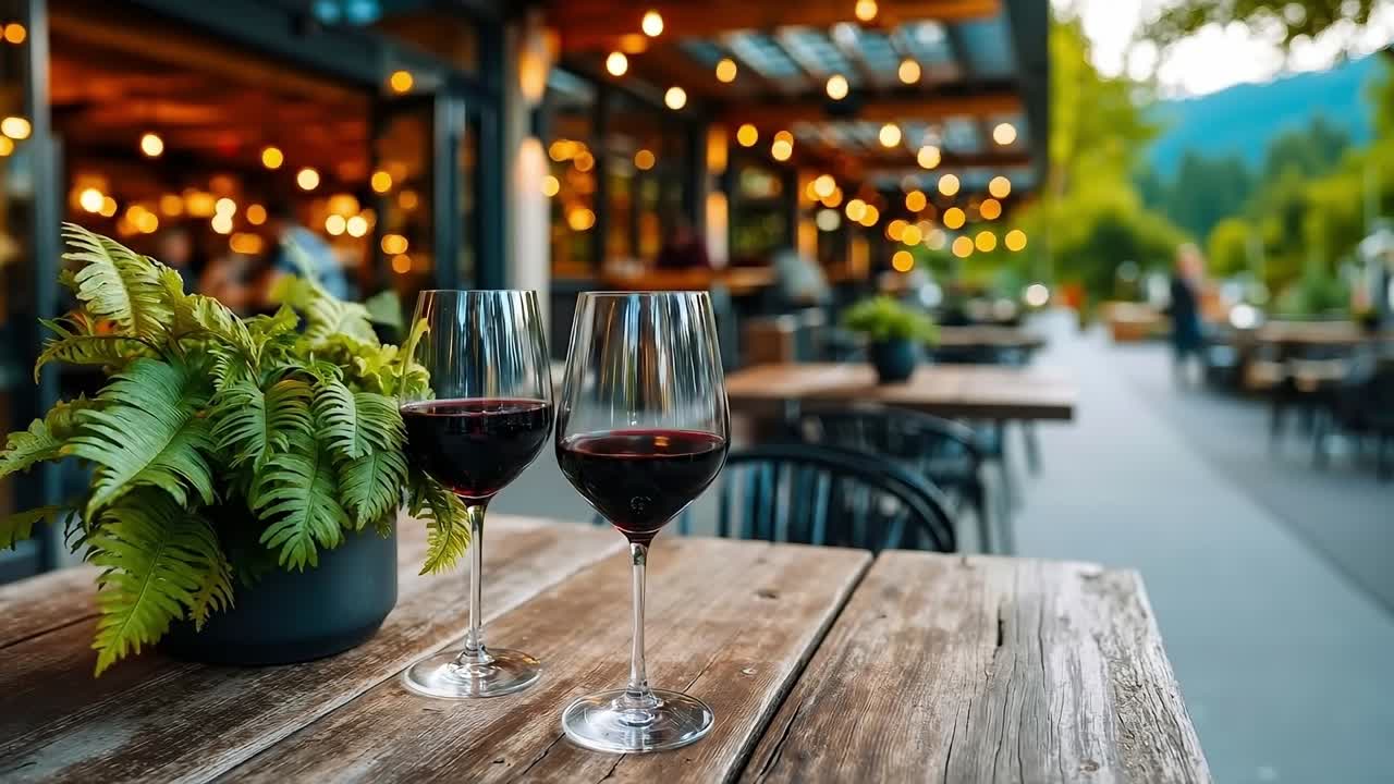 Two glasses of red wine sitting on a wooden table