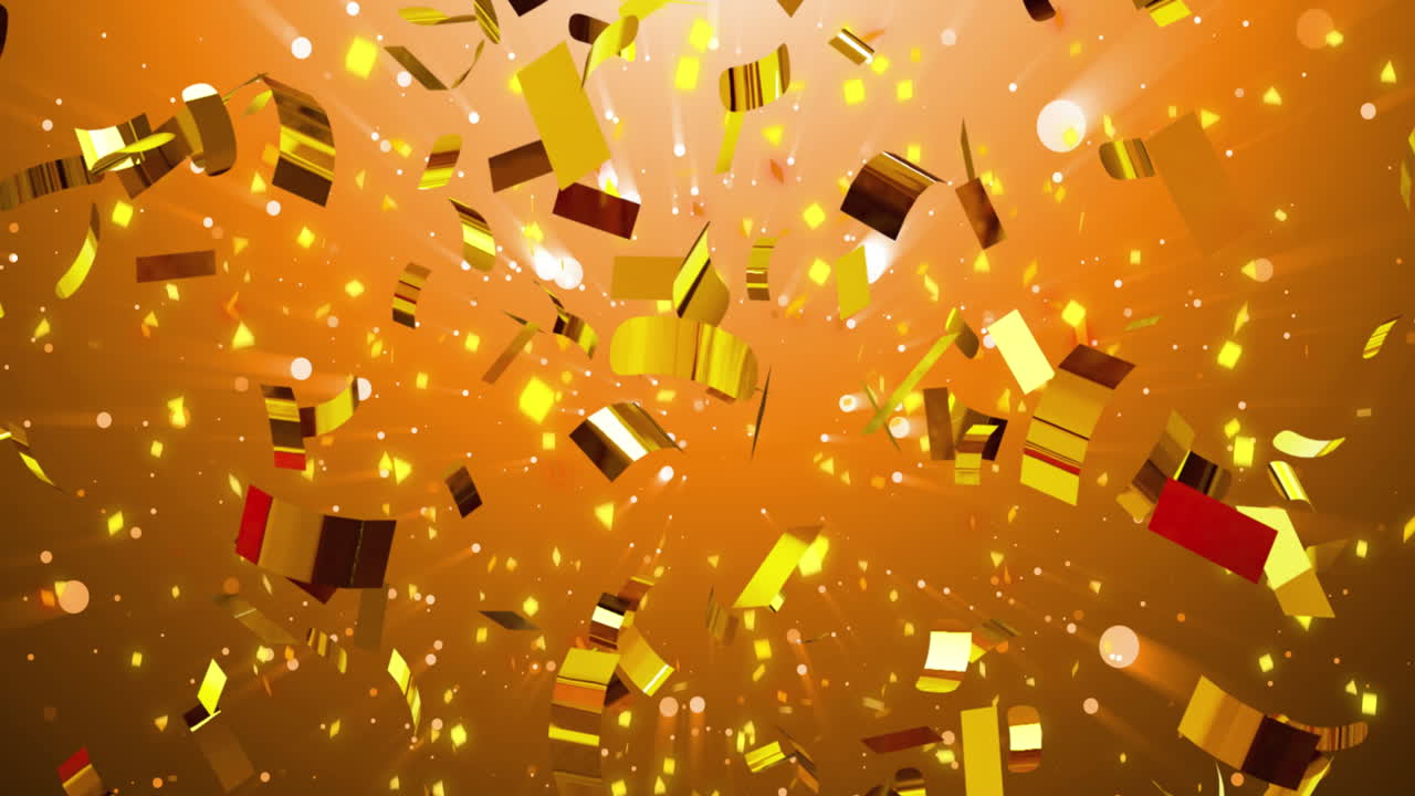 animación de confeti y nieve cayendo sobre un fondo naranja.