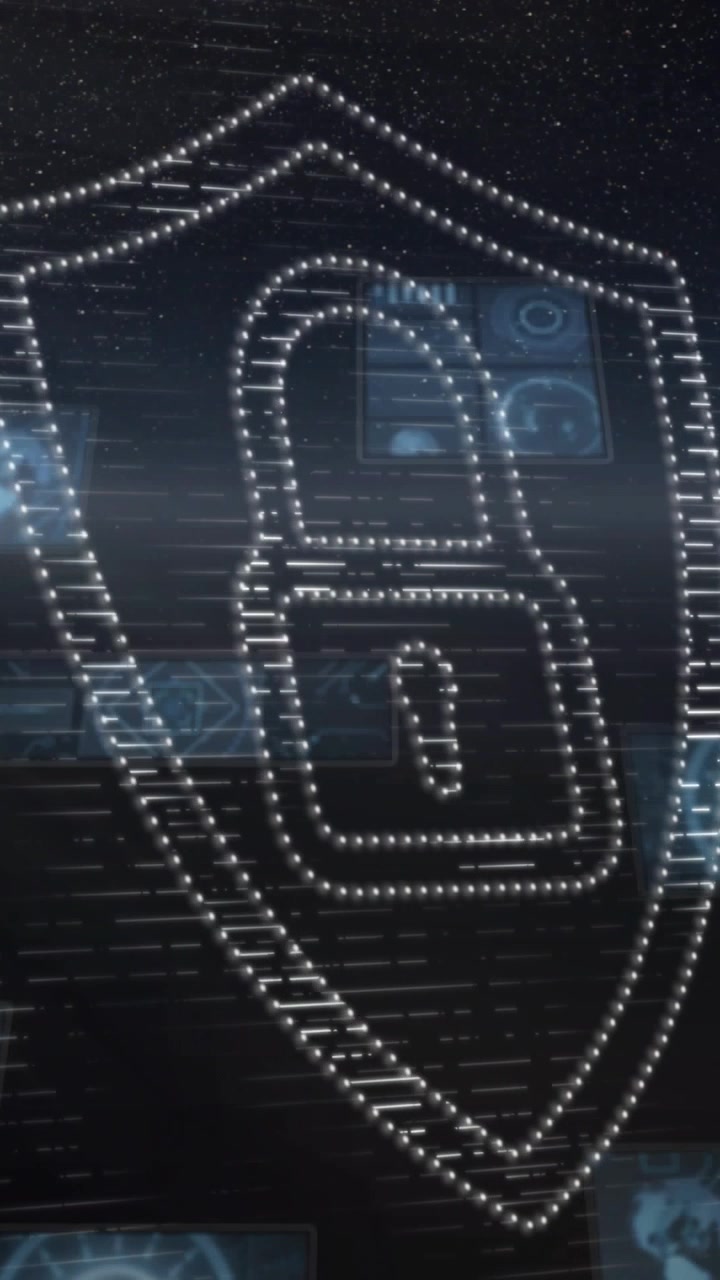 Vertical video: Scan pulse starting, dot shield padlock forming, UI tiles sliding, showing security