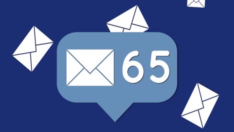 Animation-of-number-of-new-emails-and-envelopes-floating-over-blue-background