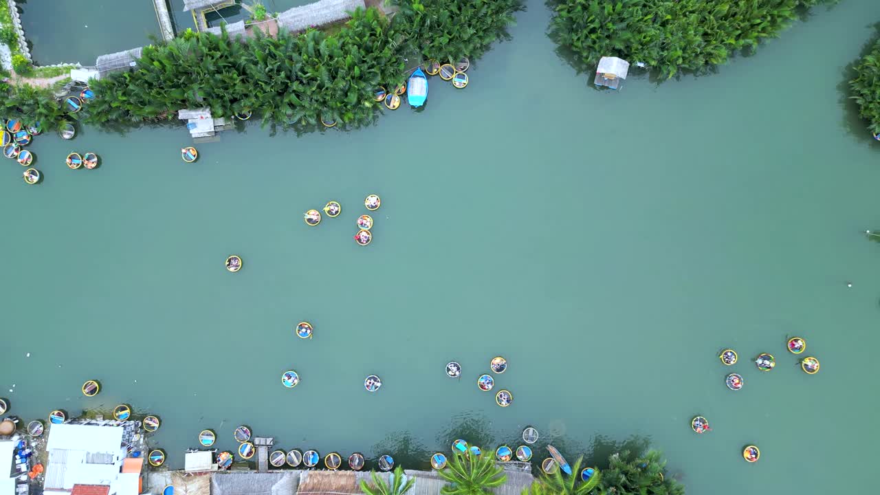 Aerial View of a Vietnamese Floating Market with Round Boats