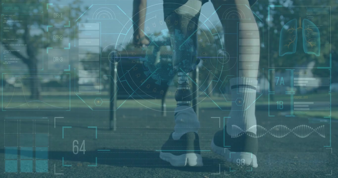 Athlete's legs with futuristic health data animation overlay during outdoor workout