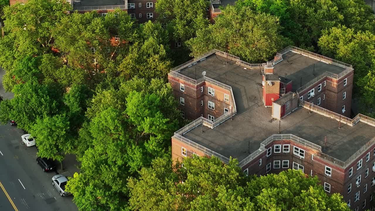Aerial view of green landscape and buildings in New York City