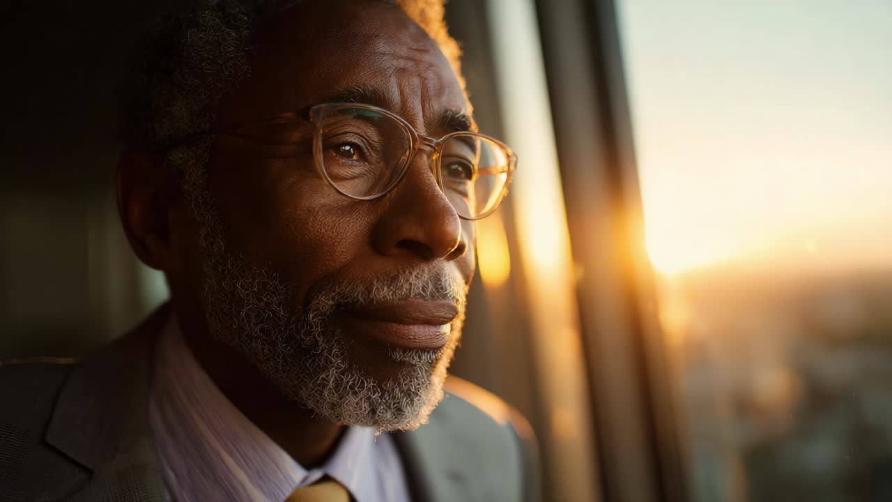 A Thoughtful Man Reflecting on Life's Journey with a Serene Expression in a Sunlit Room, Wondering About the Future and Embracing the Beauty of Sunset as Day Transitions to Night
