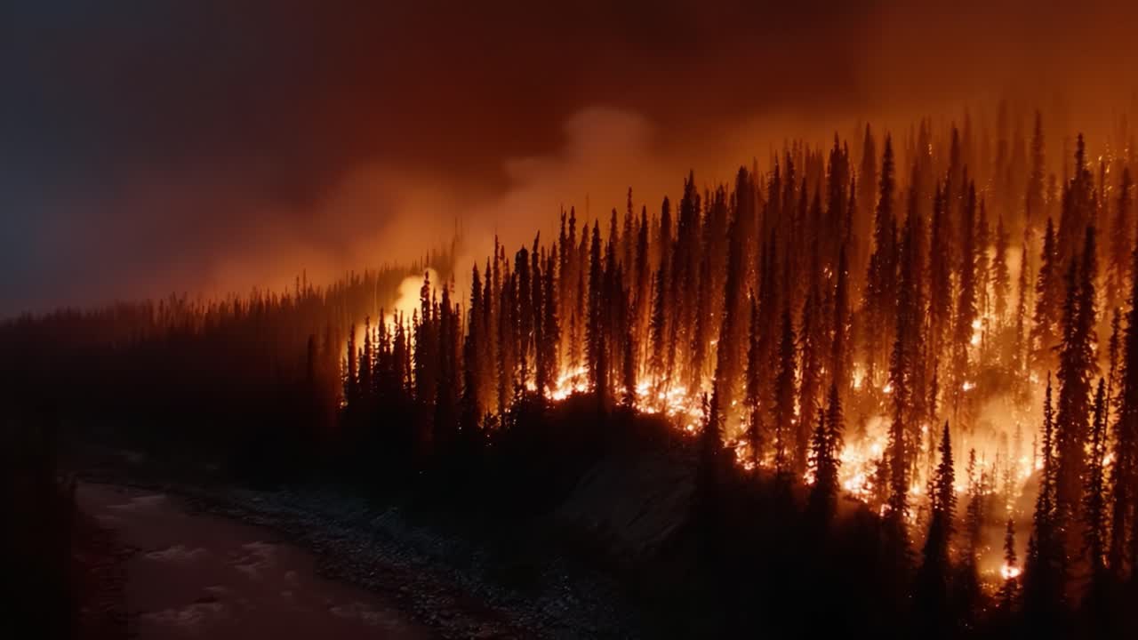 Dramatic Forest Fire Raging Along the Riverbank, Illuminating the Night Sky with Fiery Orange and Red Flames Against a Darkened Landscape
