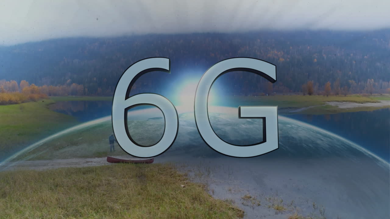 6G animation overlaying scenic landscape with lake and distant mountains