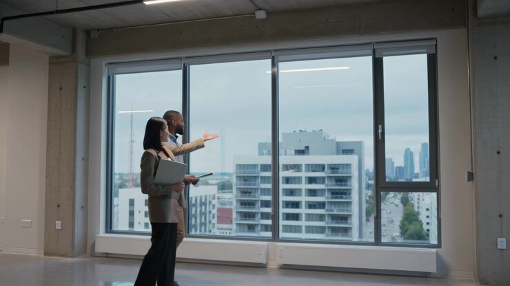 Entering two professionals business attire touring empty unit, checking windows and docs