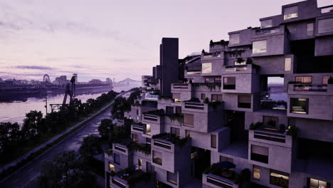 modern concrete building with river and cityscape in the background