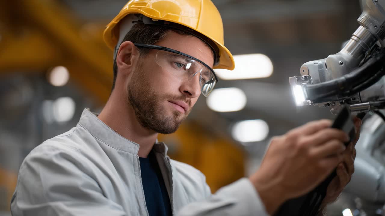 Skilled technician working on robotic machinery, ensuring precision and safety in an industrial environment with a focus on innovation and technology