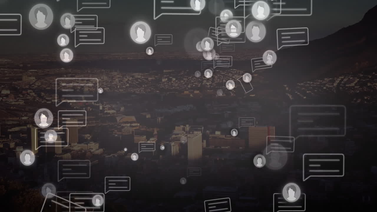 Semi-transparent digital user avatars and chat bubbles floating over dark cityscape in 3D style