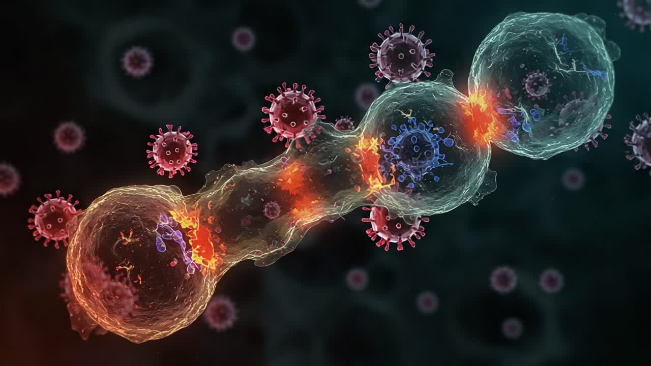 Visual Representation of Viral Interaction and Cellular Response, Showcasing the Dynamic Relationship Between Cells and Pathogens in a Stunning Microbial Environment