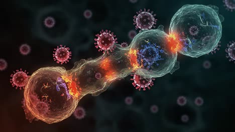 visual representation of viral interaction and cellular response, showcasing the dynamic relationship between cells and pathogens in a stunning microbial environment