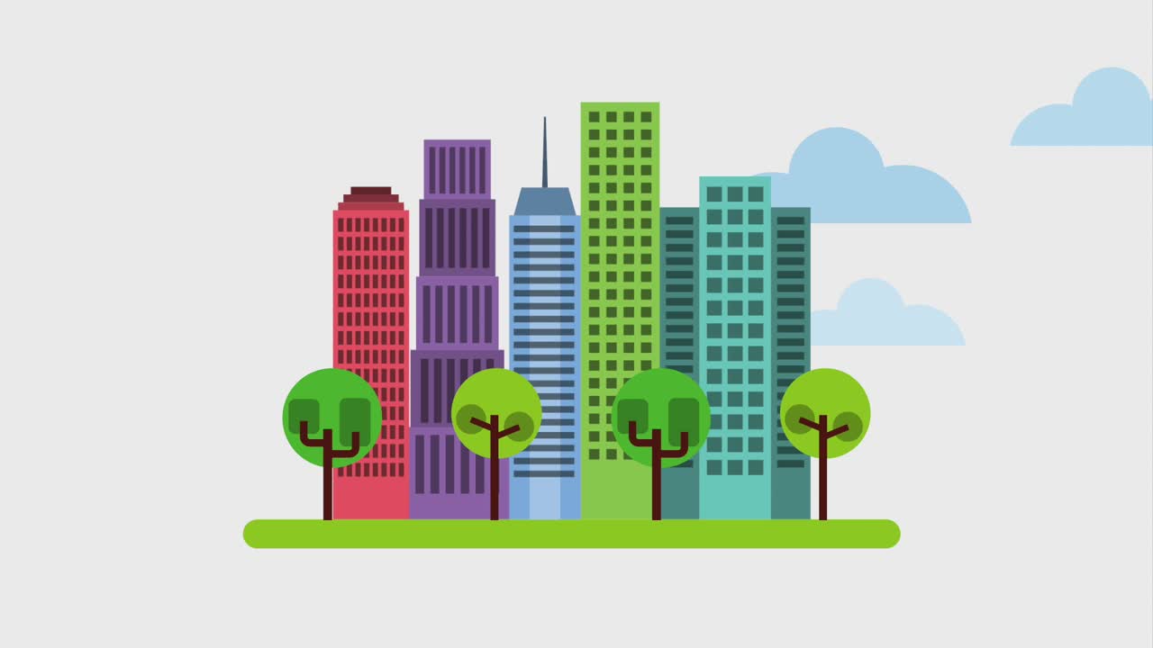 edifici della città albero e nuvole animate
