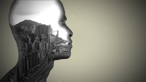 double exposure portrait of a man with hong kong cityscape