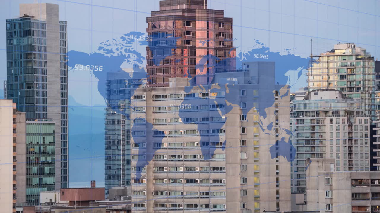 animación del mapa del mundo y procesamiento de datos financieros sobre el paisaje urbano