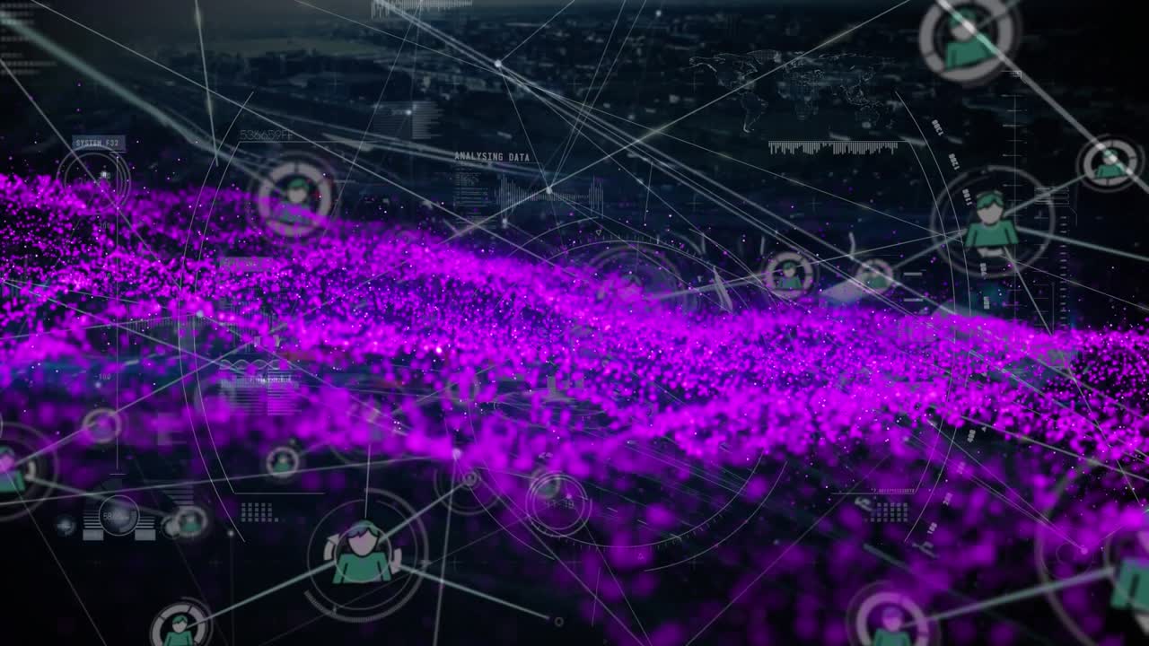 Animation of network of connections with icons and purple mesh on black background