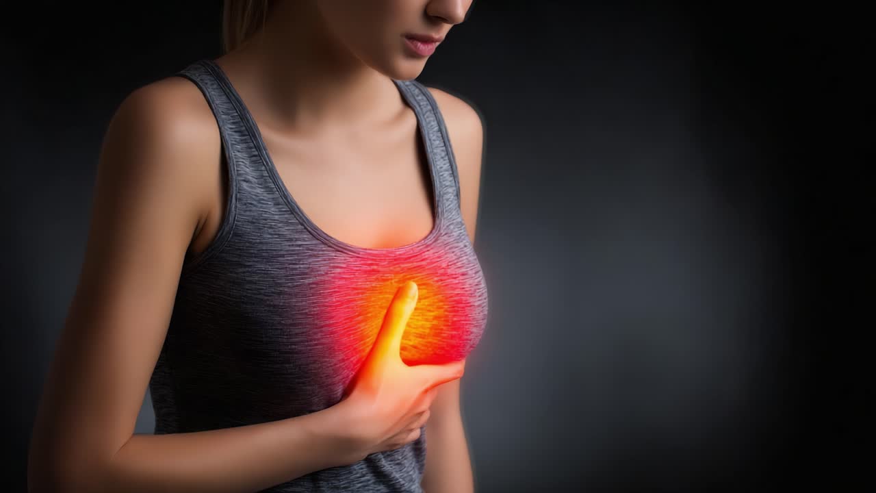 Una donna prova fastidio nella zona del petto, evidenziando un momento di preoccupazione che richiama l'attenzione su potenziali problemi di salute legati a condizioni cardiache o all'ansia.