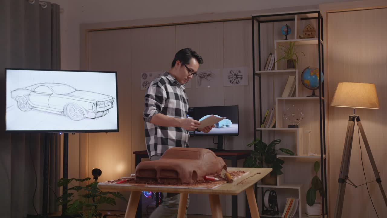 hombre asiático diseñador de automóviles mirando el diseño de automóviles papeles de boceto en sus manos y caminando por el estudio con la escultura de arcilla de automóviles