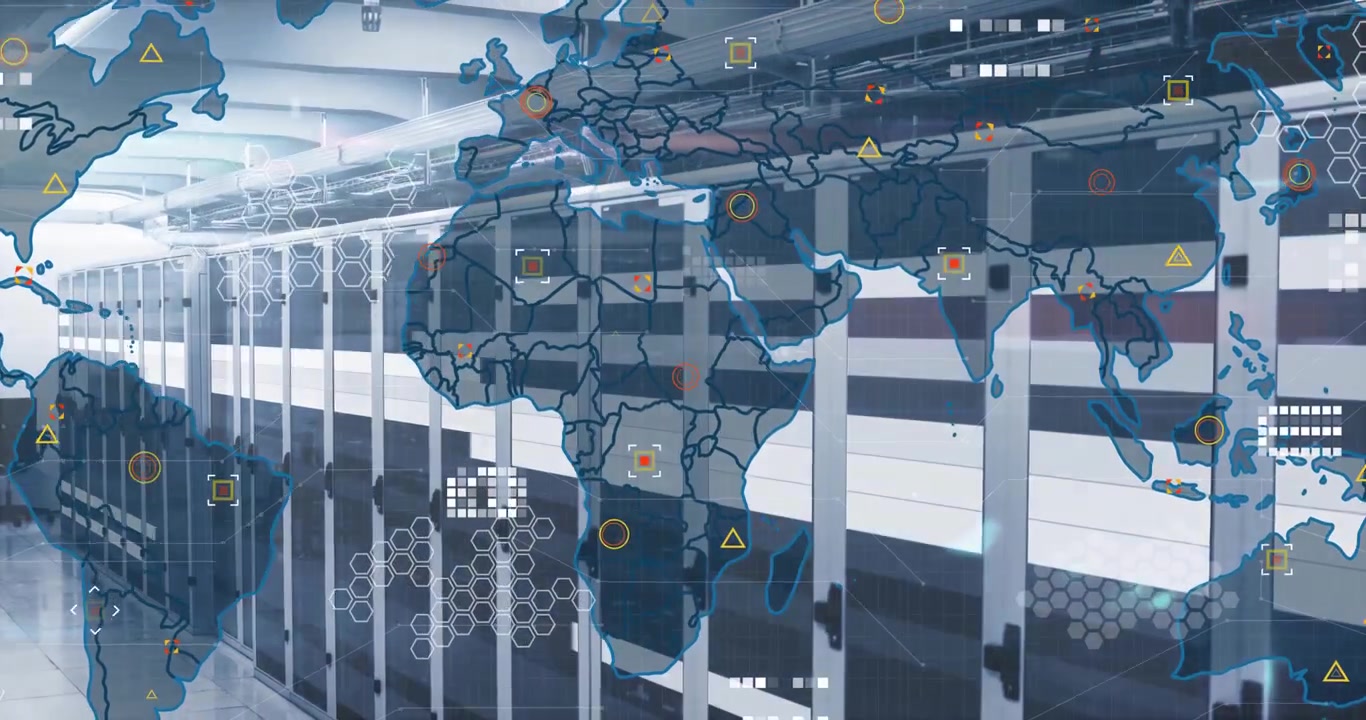 Server rack cabinets forming aisle, reflecting floor, projecting world map with colorful node icons