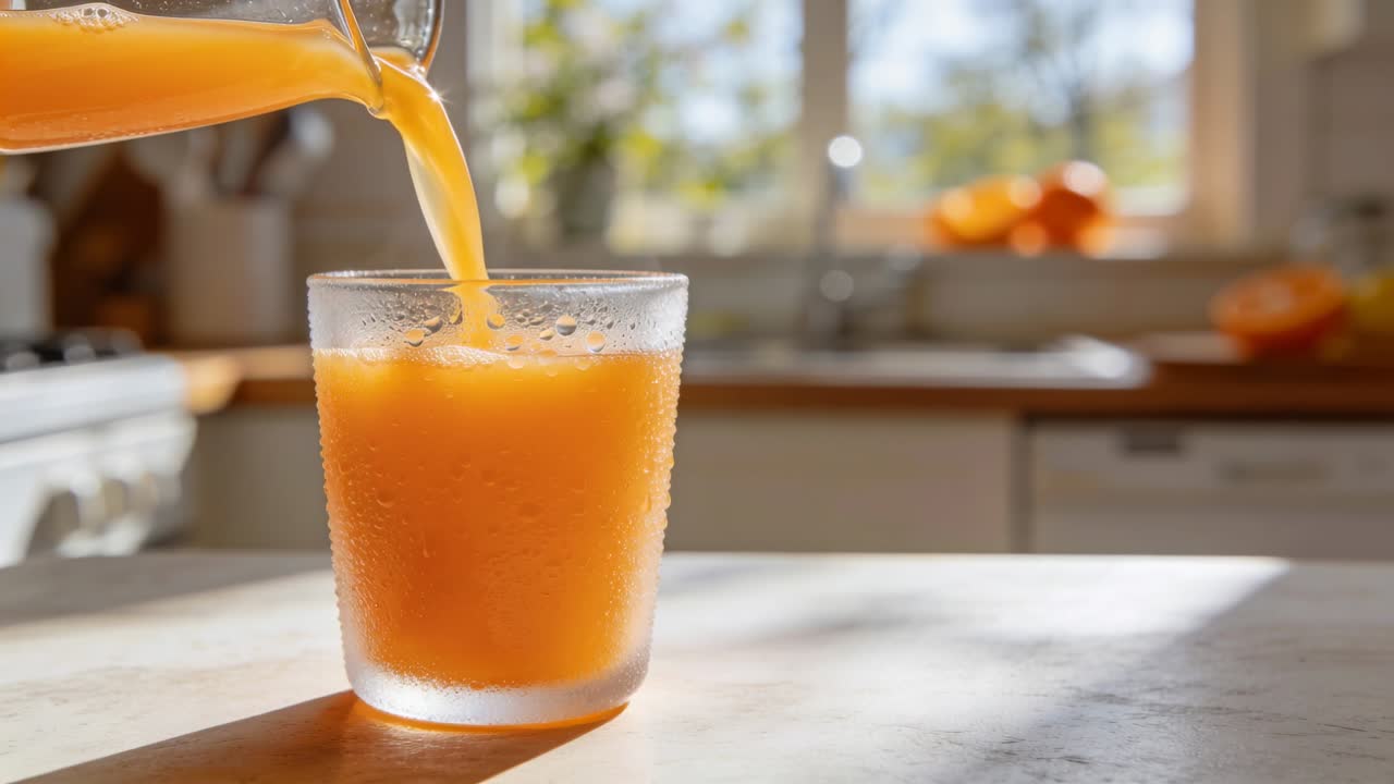 Indkommende kande fra venstre fylder matteret glas på køkkenbord med appelsinjuice og appelsiner