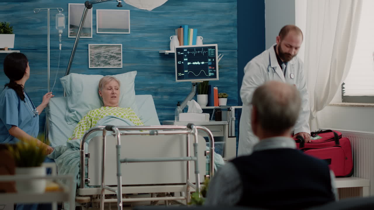 Elder woman with sickness receiving visit from doctor and nurse