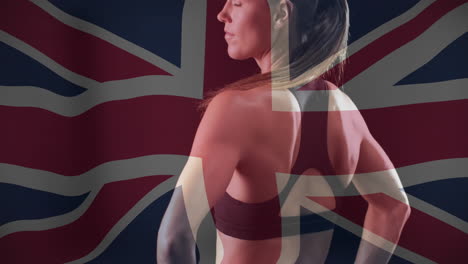 animación de la bandera de gran bretaña sobre atleta femenina caucásica