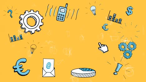 animación de iconos blancos de navidad, iconos de negocios, oficinas y medios sobre fondo amarillo