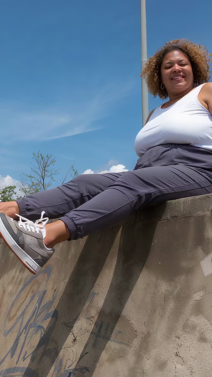 Video verticale: donna sorridente che si sposta mentre la telecamera riprende dal basso su una barriera con graffiti e indossa un top bianco