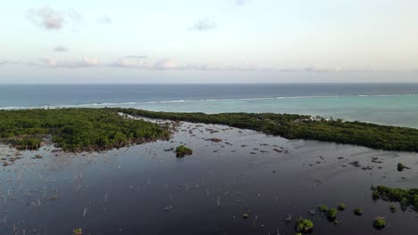 a drone slowly flies bacwards above a lagoon and tropical forest looking out towards the ocean and a coral reef on the cayman islands in the caribbean at sunset