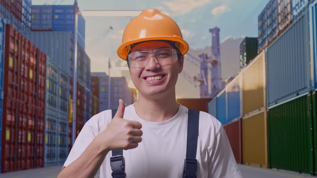 primer plano de un trabajador asiático con gafas de protección y casco de seguridad sonriendo y mostrando los pulgares hacia arriba mientras está de pie en el almacén del patio de contenedores