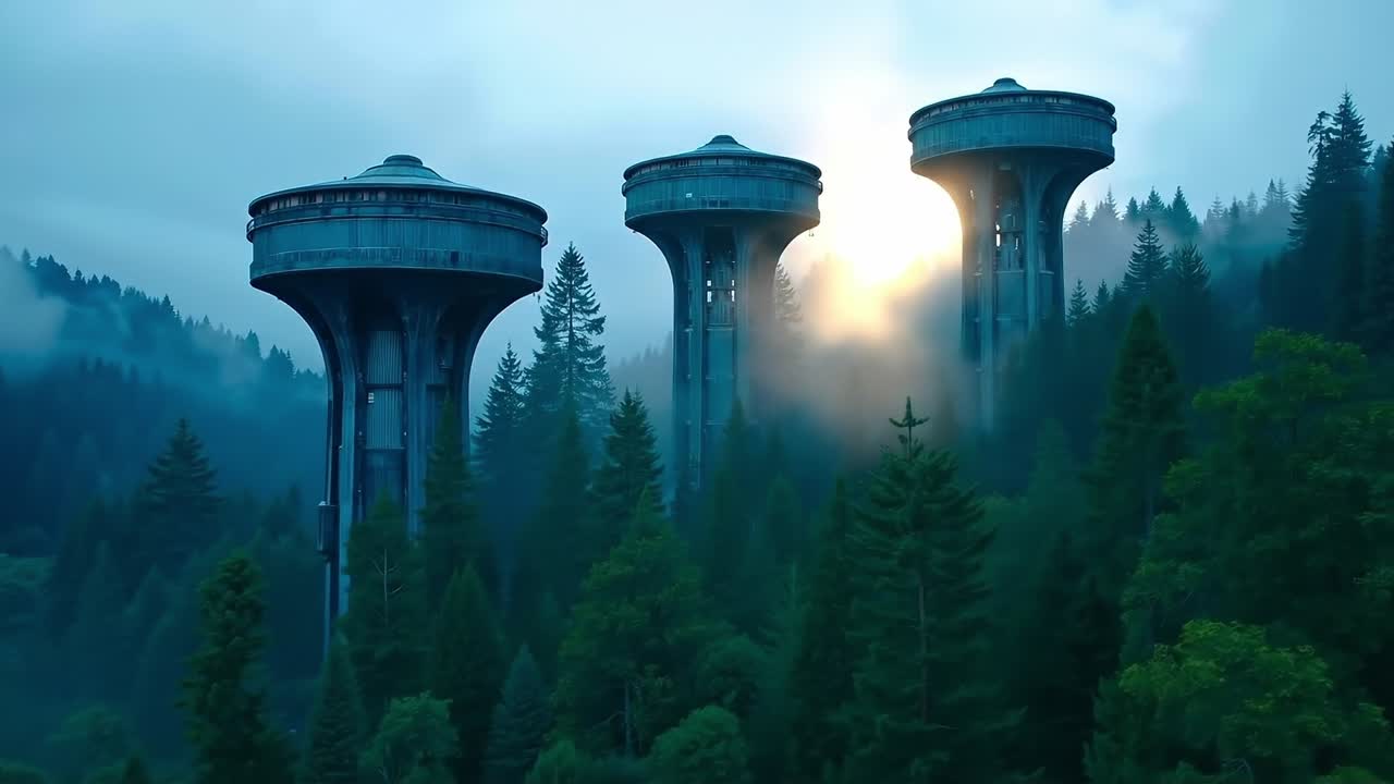 A group of three water towers in the middle of a forest