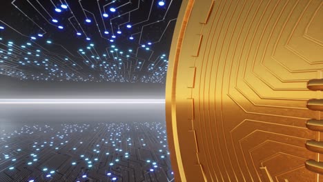 gold bitcoin, cryptocurrency coin, 3d model with blockchain network connection, cyberspace with neon lights, and camera passing by 3d animation