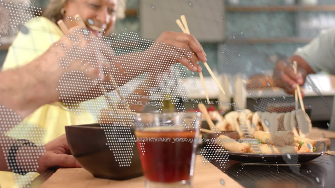 Chopsticks reaching, starting platter sharing for shared food, group with map overlay scrolling