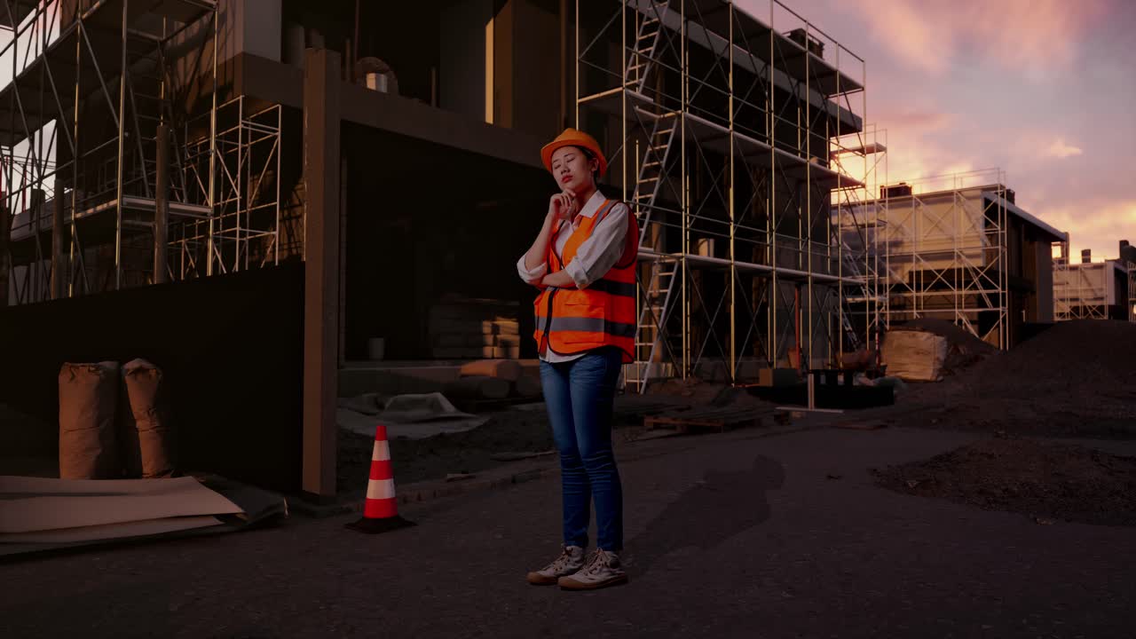 Full Body Side View Of Asian Female Engineer With Safety Helmet Thinking About Something And Looking Around While Standing At Construction Site in Progress to New House
